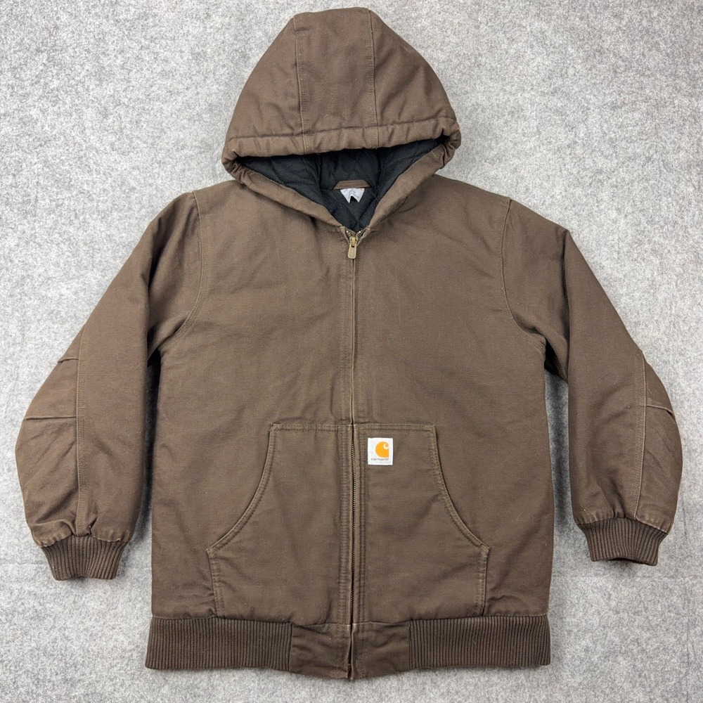Carhartt Active Jacket Kids Large Brown Quilted Lined Canvas Hooded Work Coat - Picture 2 of 11